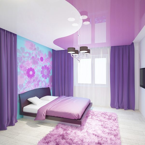 Фиолетовый натяжной потолок в спальне